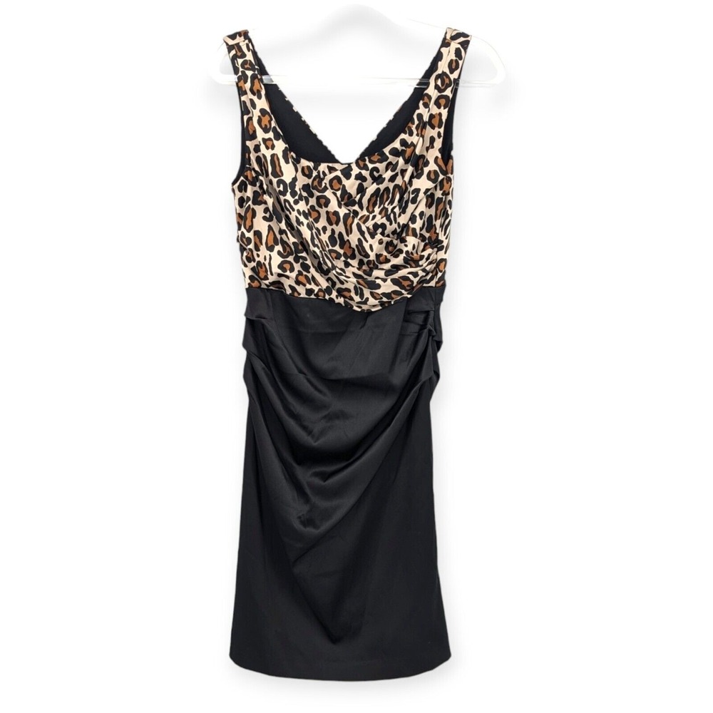 Suzi‎ Chin Ruched Satin Cocktail Party Dress Sz 8 Retro Leopard Sexy V-Neck